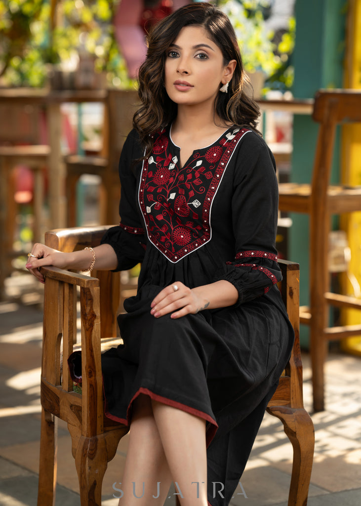 Elegant black cotton dress with beautiful embroidered yoke