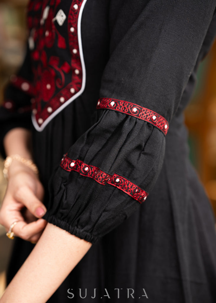 Elegant black cotton dress with beautiful embroidered yoke