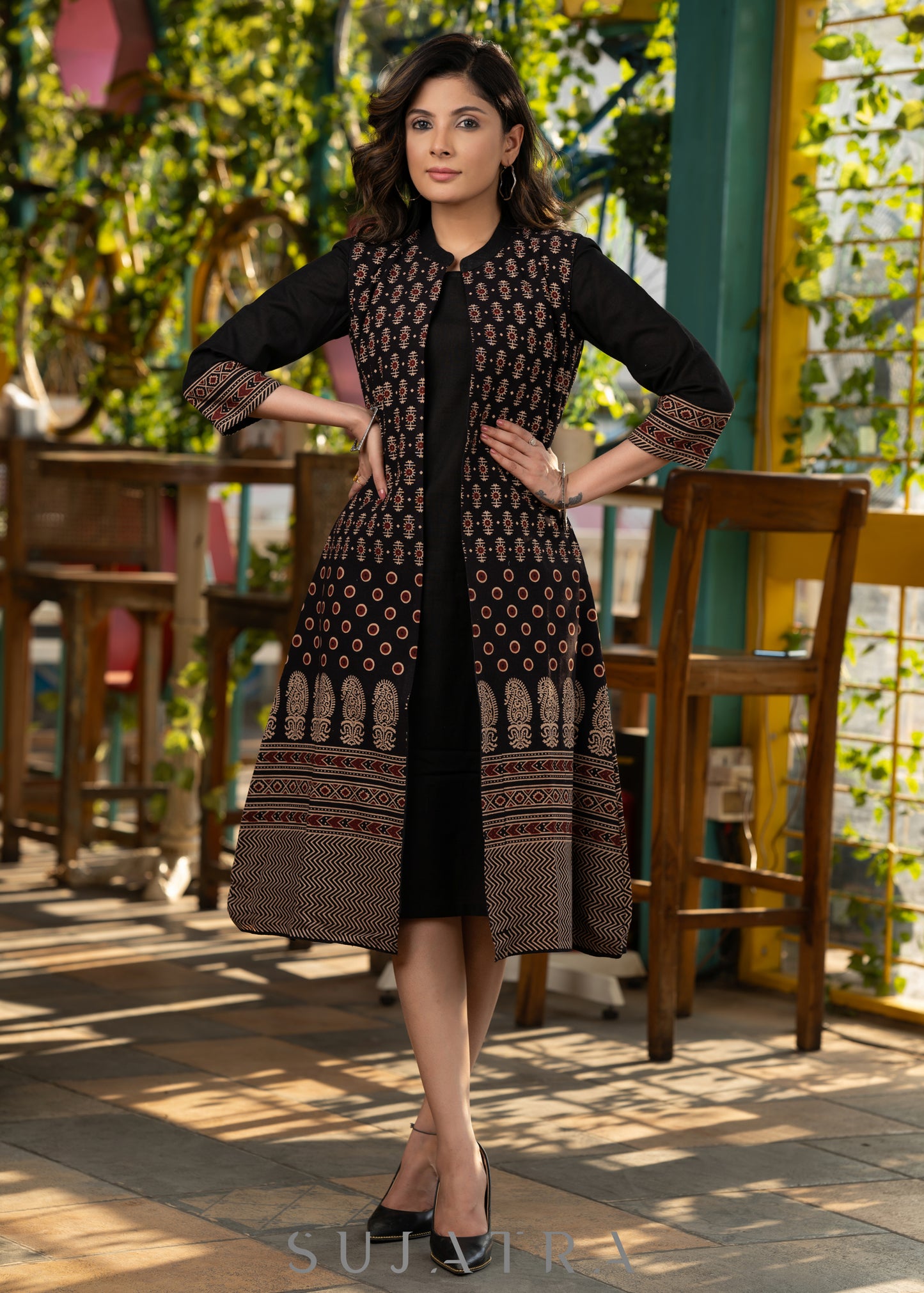 Black Cotton Dress with Ajrakh Cuffs - Jacket Optional