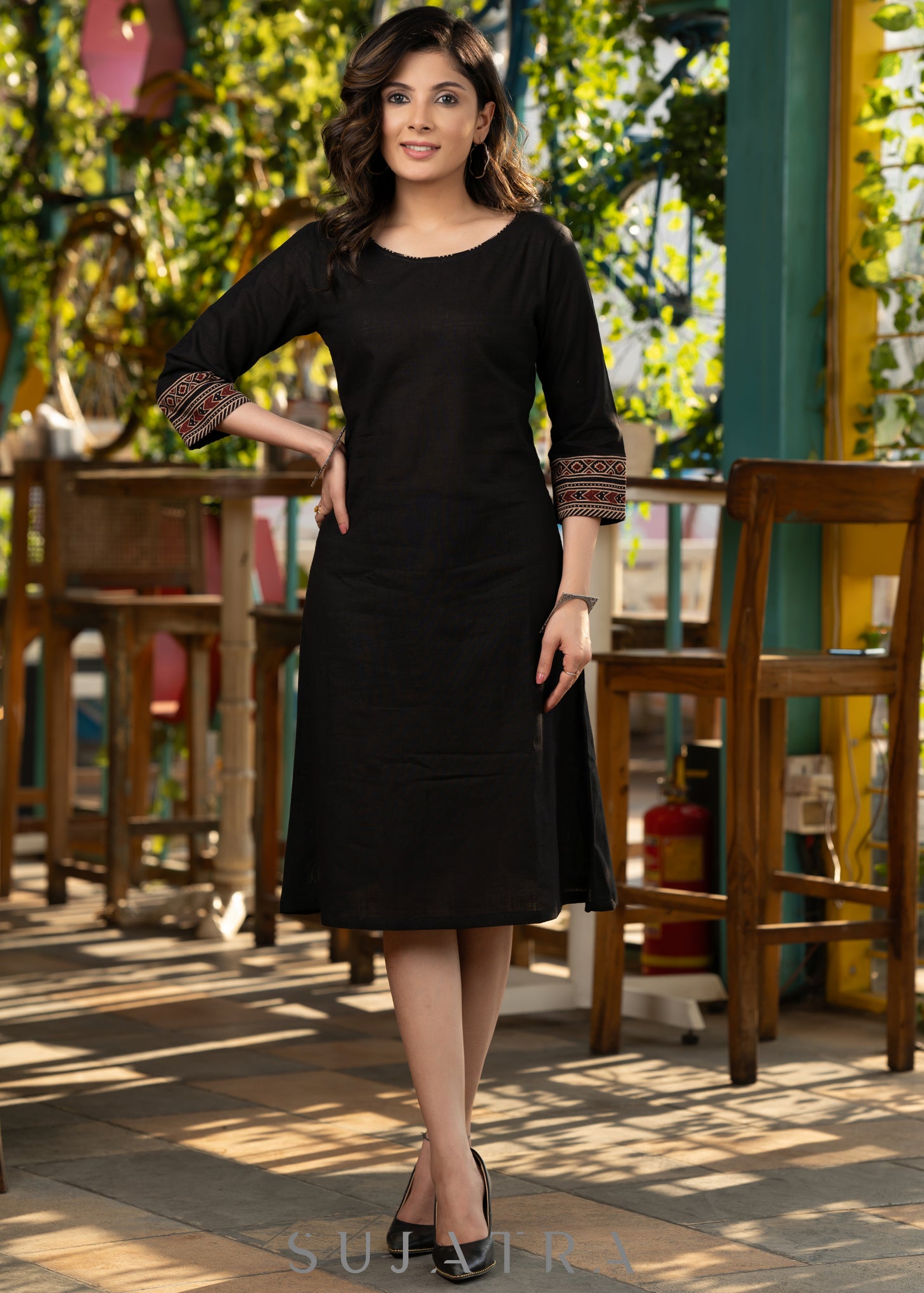 Black Cotton Dress with Ajrakh Cuffs