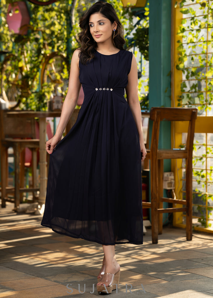 Navy blue georgette dress with stone work in front