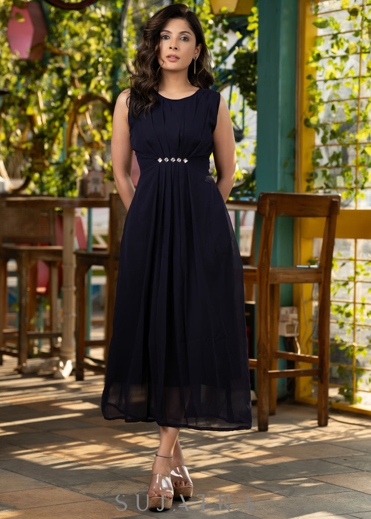Navy blue georgette dress with stone work in front