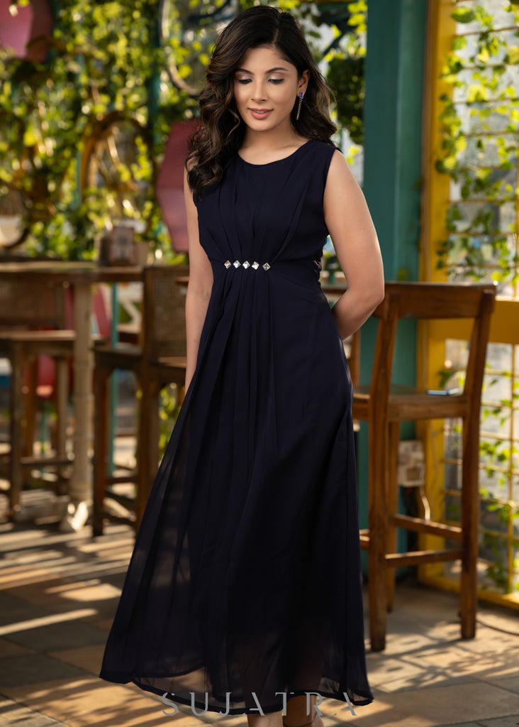 Navy blue georgette dress with stone work in front