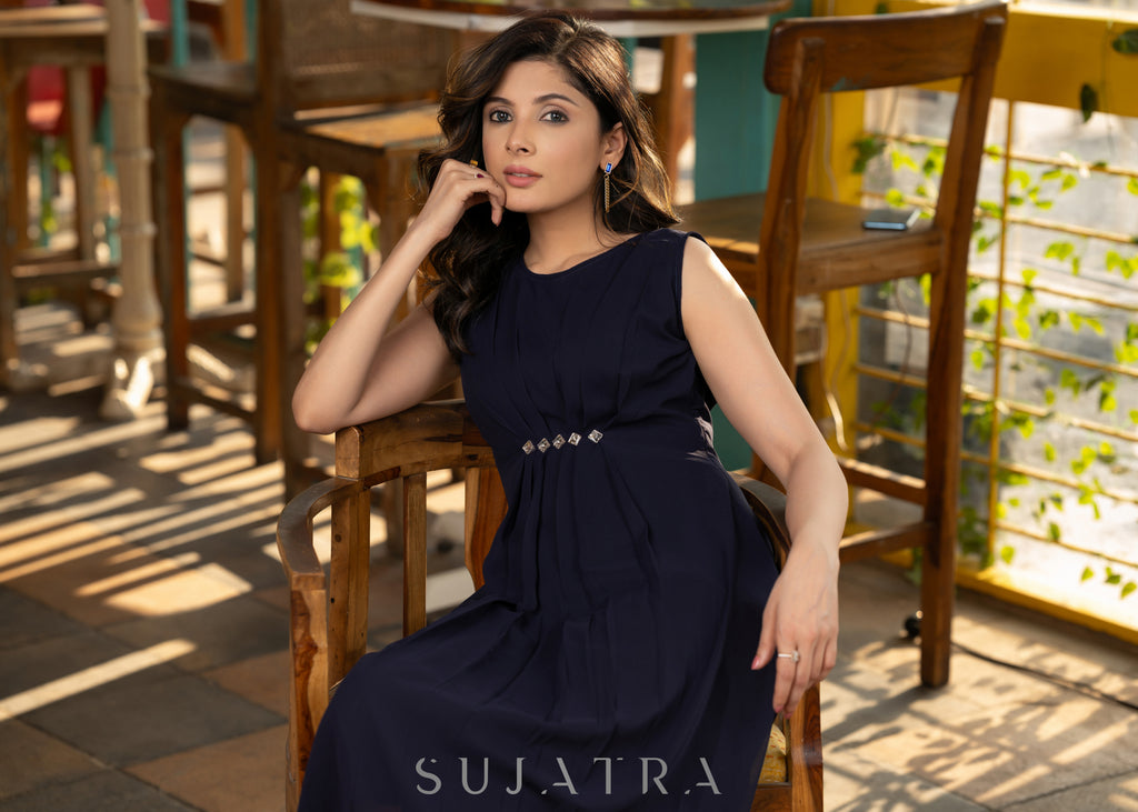 Navy blue georgette dress with stone work in front