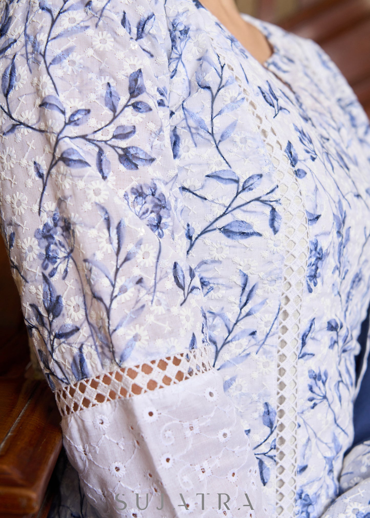 Elegant white Hakoba printed kurta, with delicate lace accents