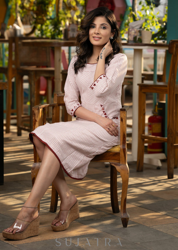 Beautiful Off-white striped cotton dress with mirror work detailing