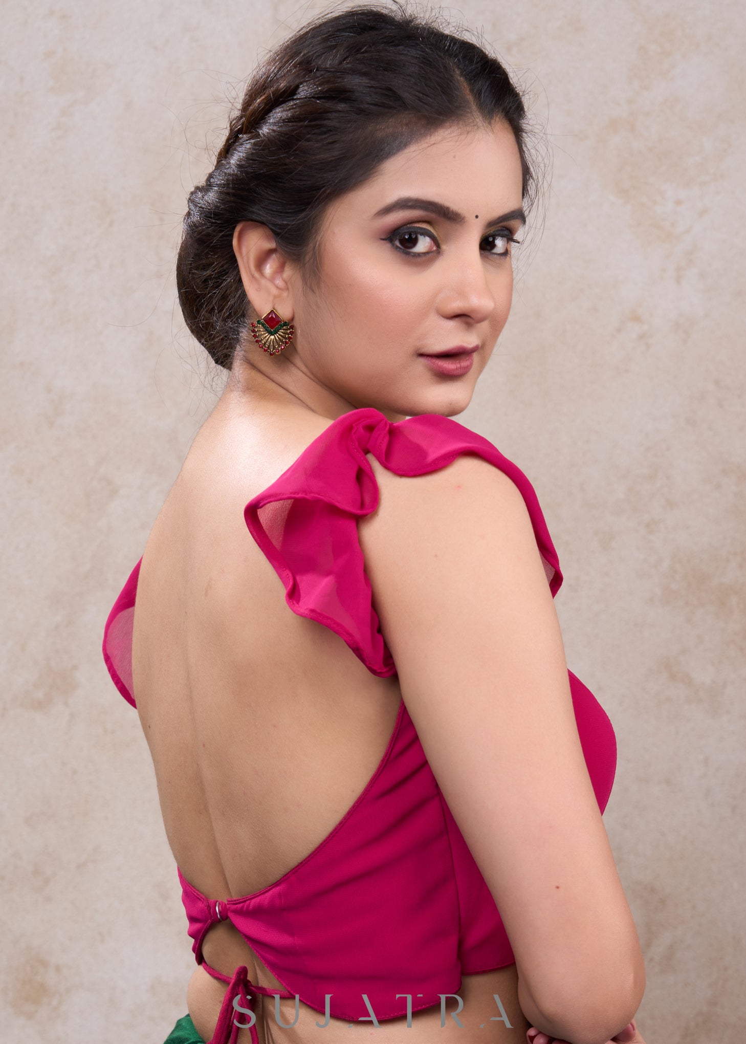 Stylish dark pink georgette blouse with frill sleeves – Sujatra