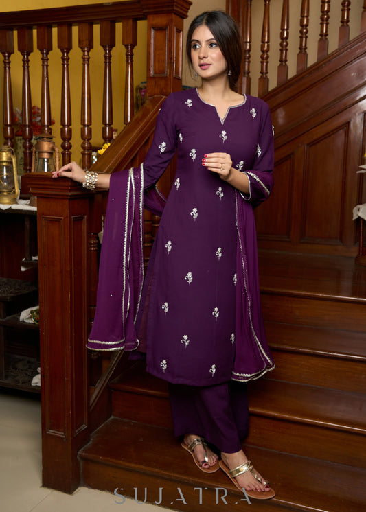Exquisite flowy hand-embroidered purple rayon kurta