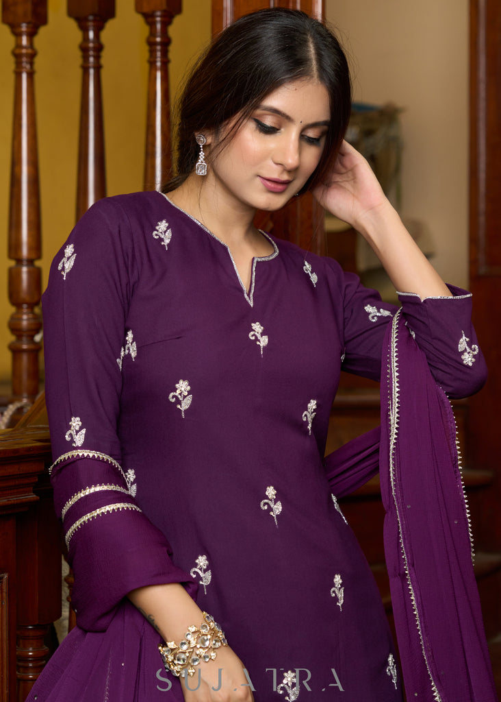 Exquisite hand-embroidered purple rayon kurta with matching pants - Dupatta Optional