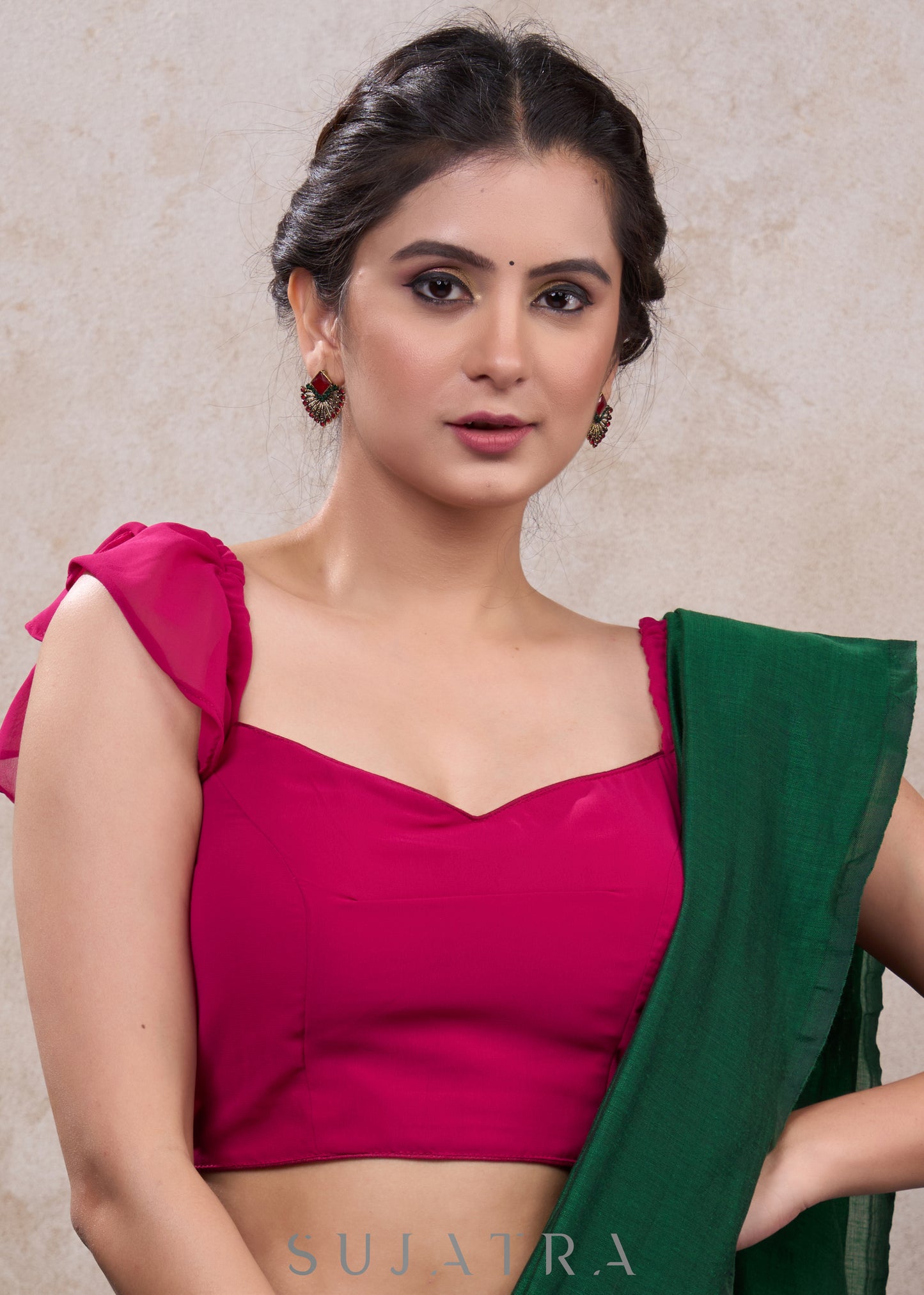 Stylish dark pink georgette blouse with frill sleeves