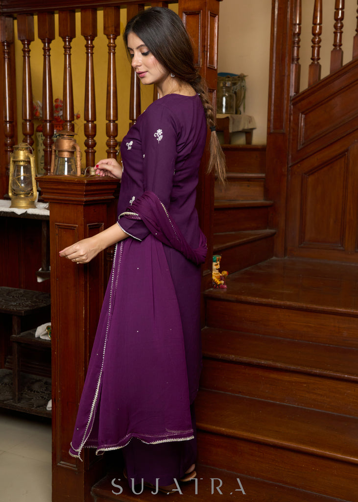 Exquisite hand-embroidered purple rayon kurta with matching pants - Dupatta Optional