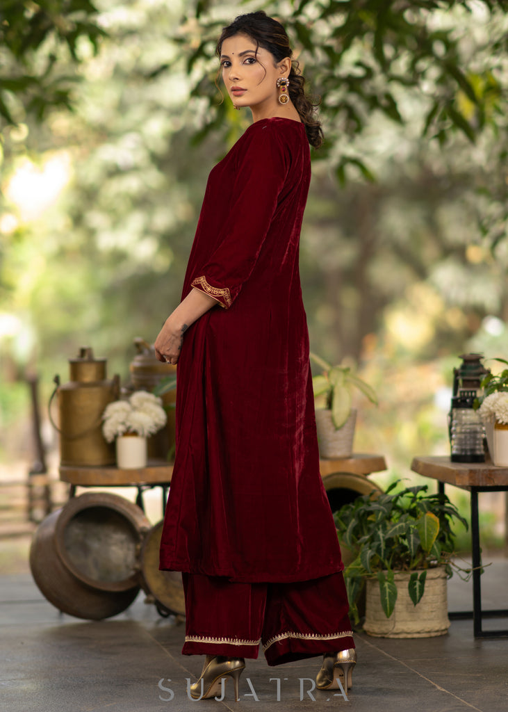 Maroon velvet kurta and Pallazo - Net Scallop Dupatta optional