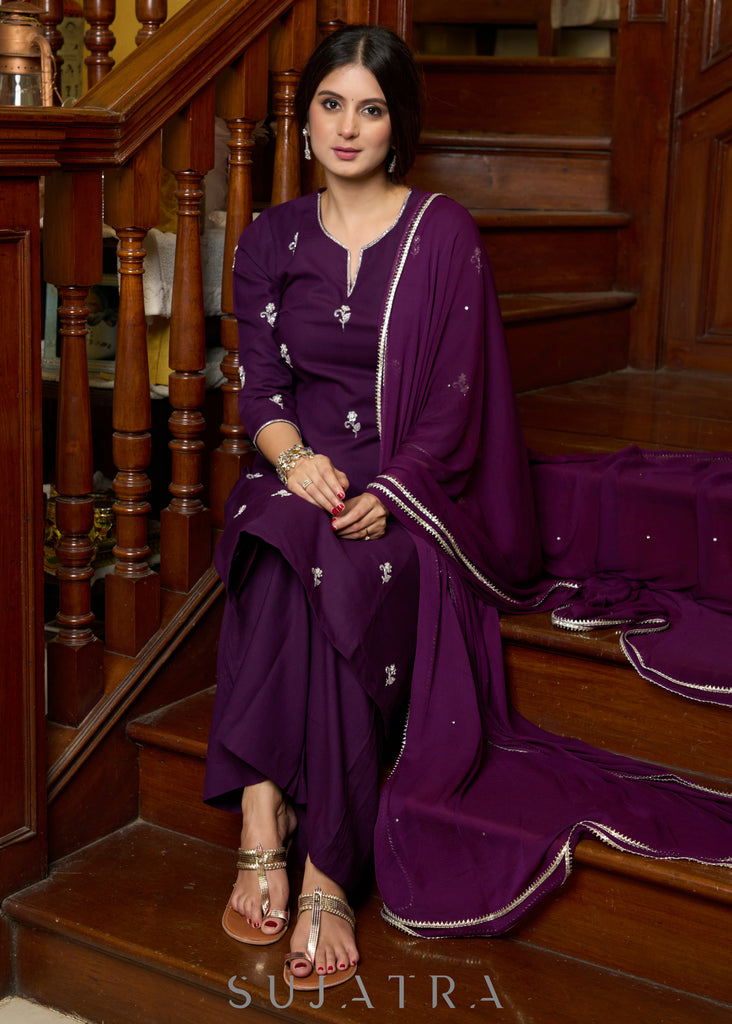 Exquisite hand-embroidered purple rayon kurta with matching pants - Dupatta Optional
