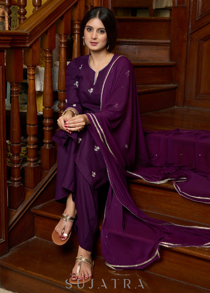 Exquisite hand-embroidered purple rayon kurta with matching pants - Dupatta Optional
