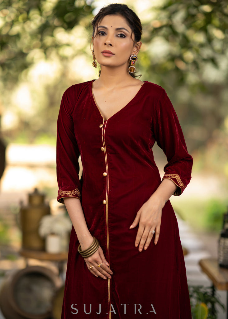 Maroon velvet kurta and Pallazo - Net Scallop Dupatta optional