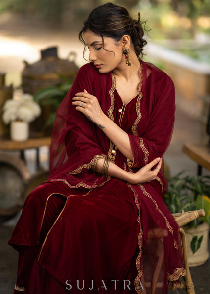 Maroon velvet kurta and Pallazo - Net Scallop Dupatta optional