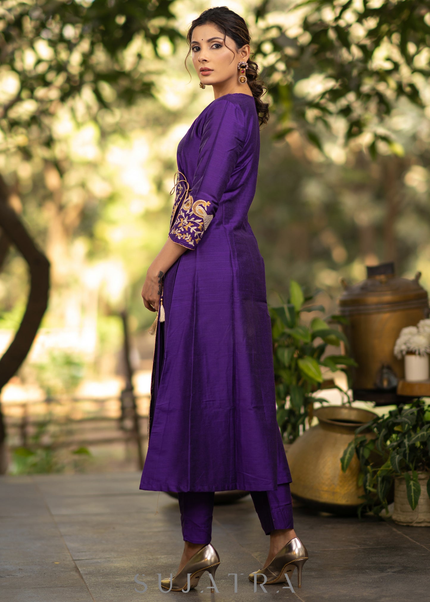 Purple Cotton silk asymmetric embroidered kurta - Pant optional