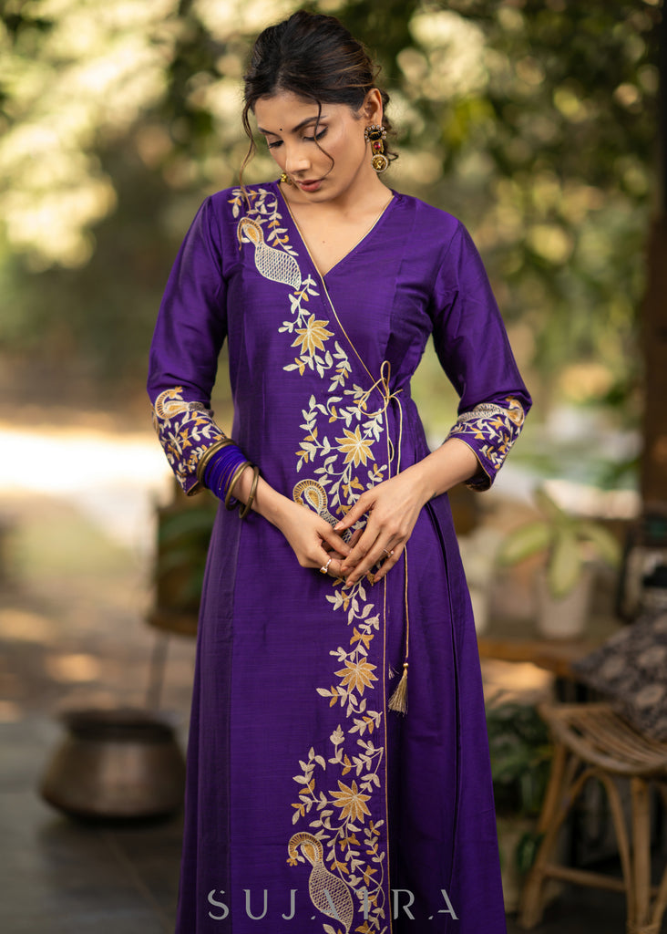 Purple Cotton silk asymmetric embroidered kurta - Pant optional