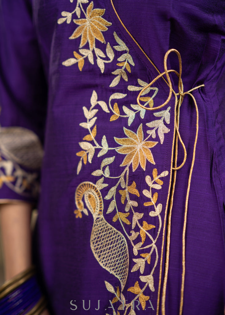 Purple Cotton silk asymmetric embroidered kurta - Pant optional