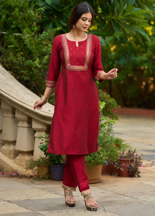 Opulent maroon hand-embroidered silk blend kurta