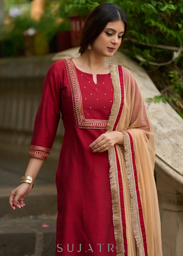 Opulent maroon hand-embroidered silk blend kurta with matching pants - Dupatta optional