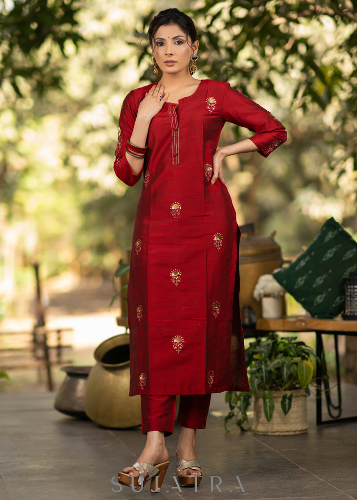 Maroon Gold Hand embroidered Cotton silk kurta - Pant Optional