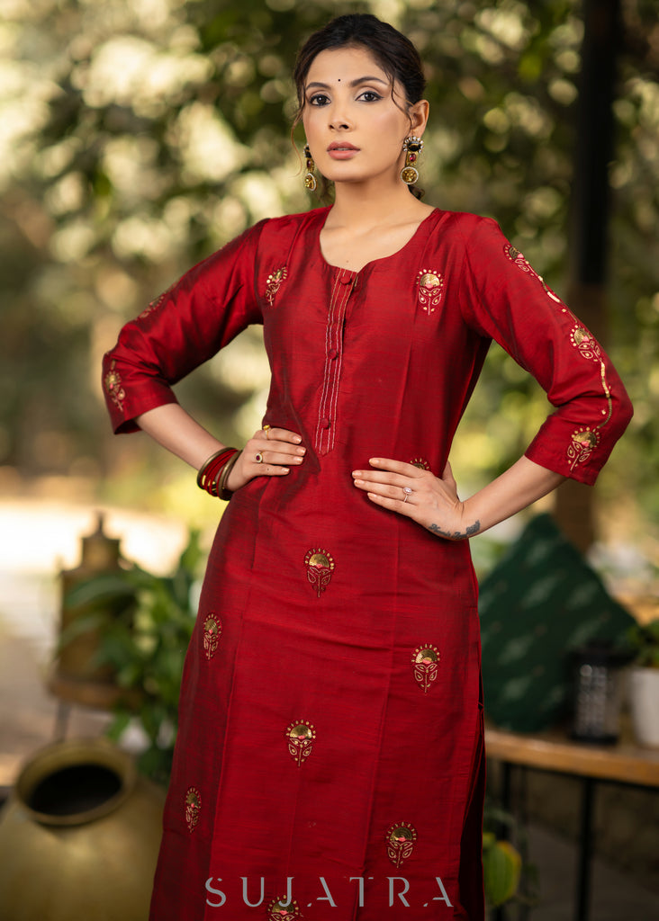 Maroon Gold Hand embroidered Cotton silk kurta - Pant Optional