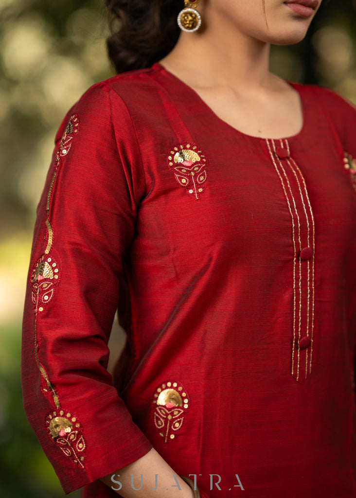 Maroon Gold Hand embroidered Cotton silk kurta - Pant Optional