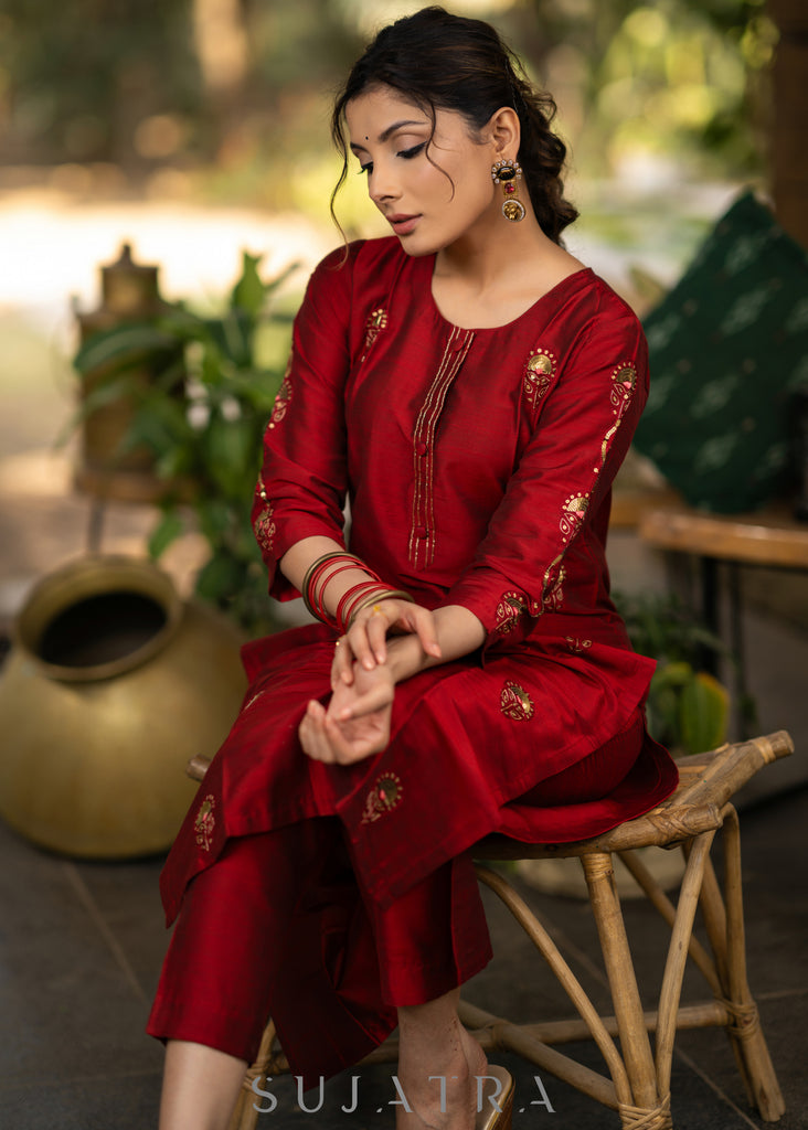 Maroon Gold Hand embroidered Cotton silk kurta - Pant Optional