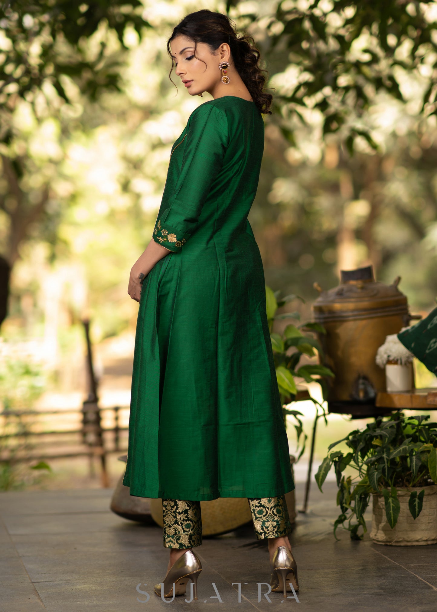 Green Cotton Silk princess cut embroidered kurta and brocade Pant