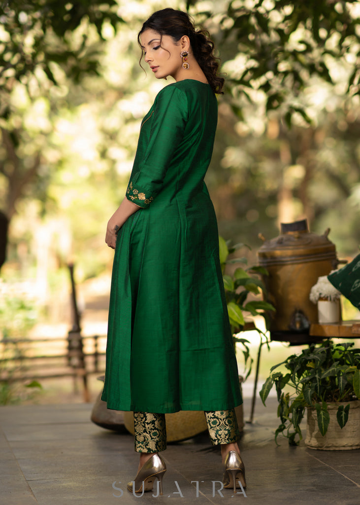 Green Cotton Silk princess cut embroidered kurta and brocade Pant