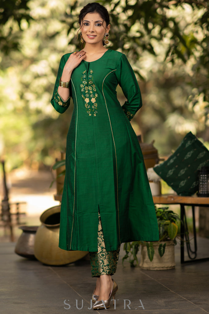 Green Cotton Silk princess cut embroidered kurta and brocade Pant