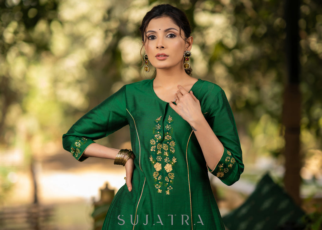 Green Cotton Silk princess cut embroidered kurta and brocade Pant