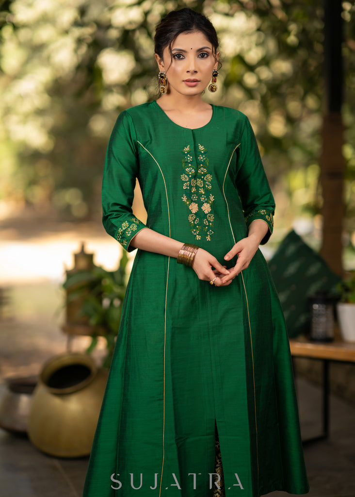 Green Cotton Silk princess cut embroidered kurta and brocade Pant