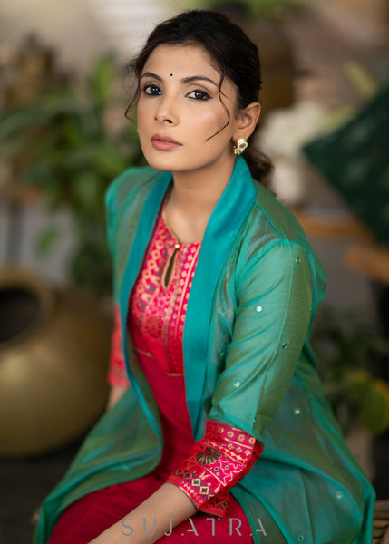 Magenta Cotton silk Kurta with Brocade Yoke and Turquoise jacket - Pant optional