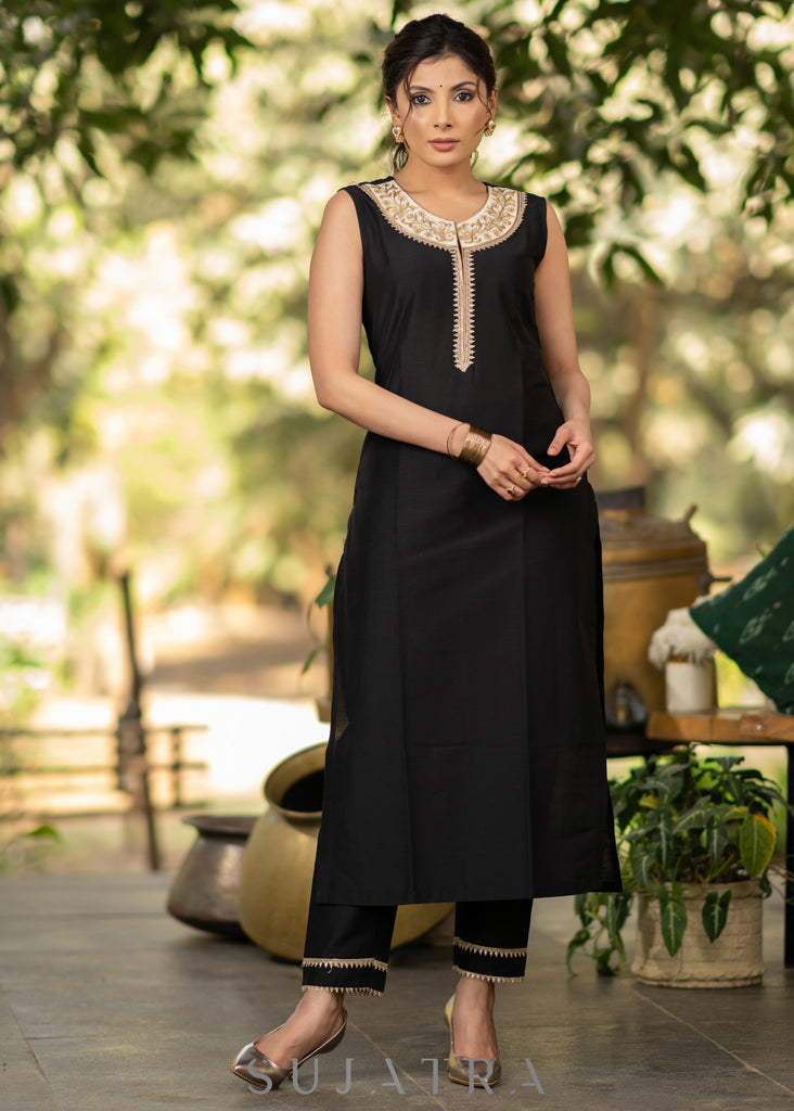 Black Cotton silk embroidered Kurta and Pant - Chanderi Jacket Optional