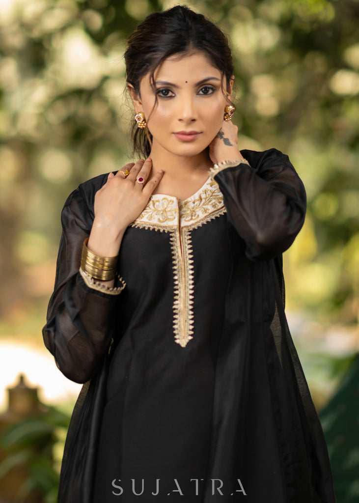 Black Cotton silk embroidered Kurta and Pant - Chanderi Jacket Optional