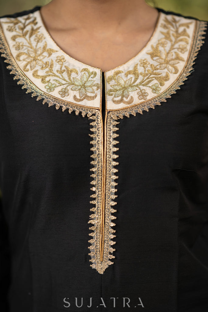 Black Cotton silk embroidered Kurta and Pant - Chanderi Jacket Optional