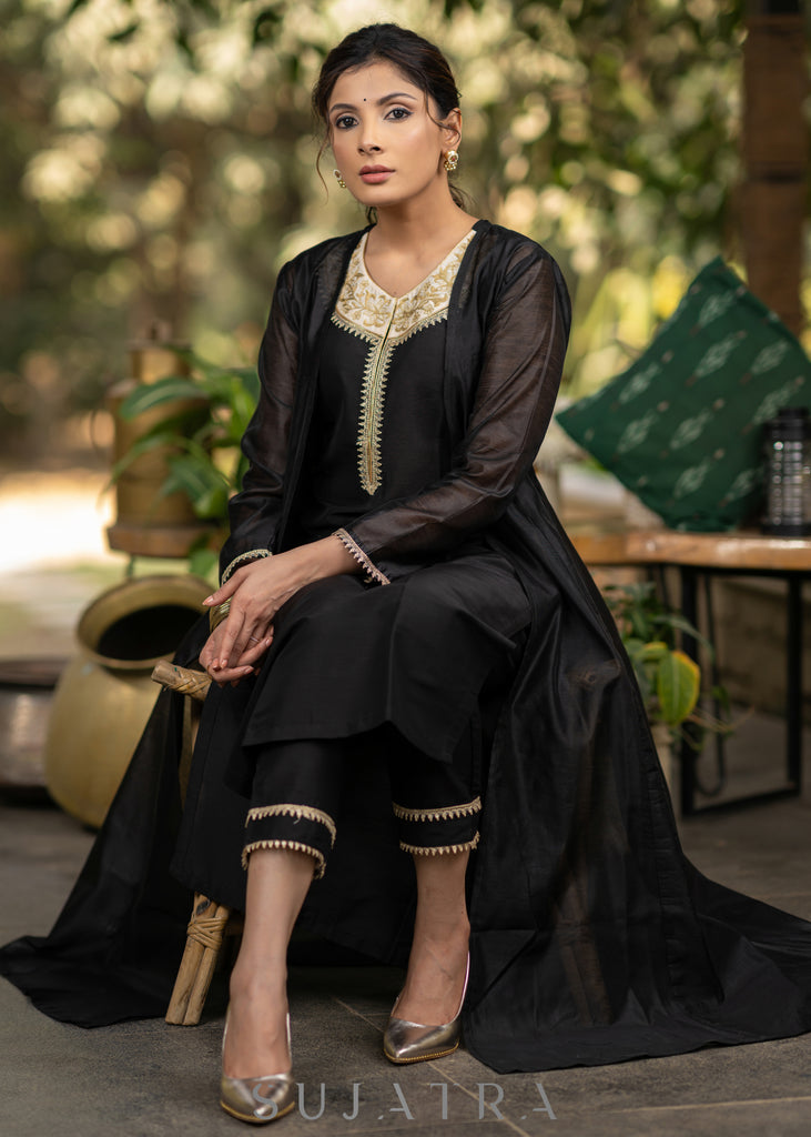 Black Cotton silk embroidered Kurta and Pant - Chanderi Jacket Optional
