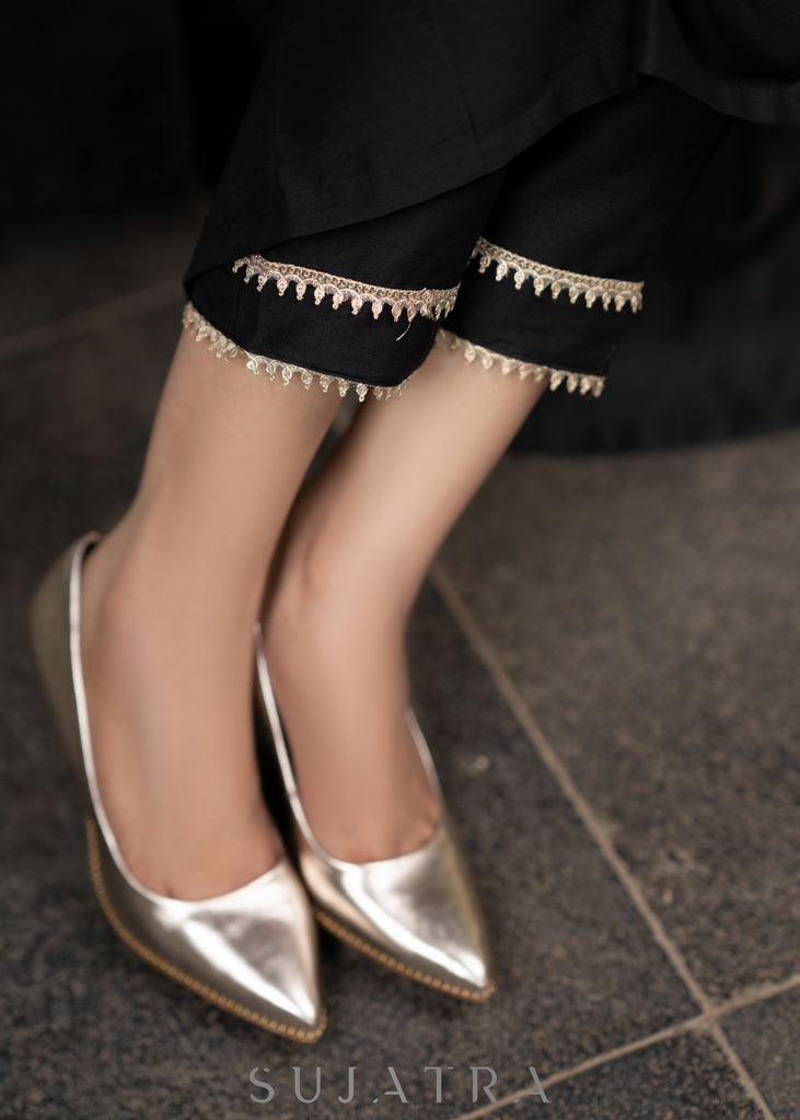 Black Cotton silk embroidered Kurta and Pant - Chanderi Jacket Optional