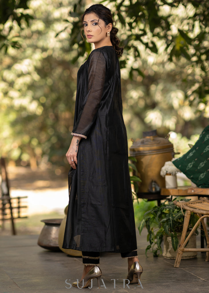 Black Cotton silk embroidered Kurta and Pant - Chanderi Jacket Optional