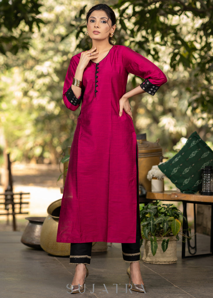 Magenta Cotton Silk Hand mirror work Kurta and Pant - Black Net Dupatta optional