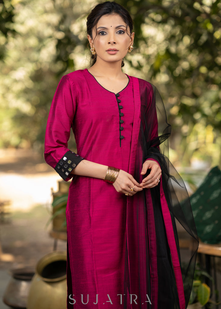 Magenta Cotton Silk Hand mirror work Kurta and Pant - Black Net Dupatta optional