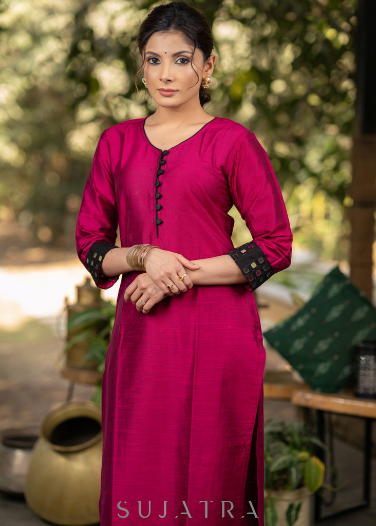 Magenta Cotton Silk Hand mirror work Kurta and Pant - Black Net Dupatta optional