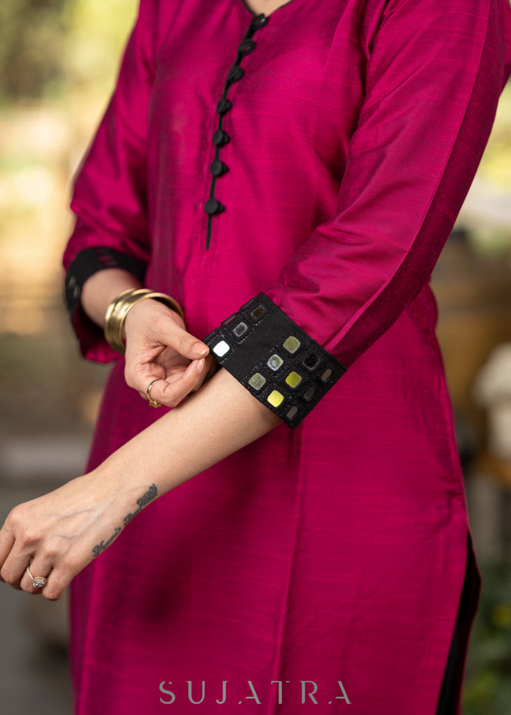 Magenta Cotton Silk Hand mirror work Kurta and Pant - Black Net Dupatta optional