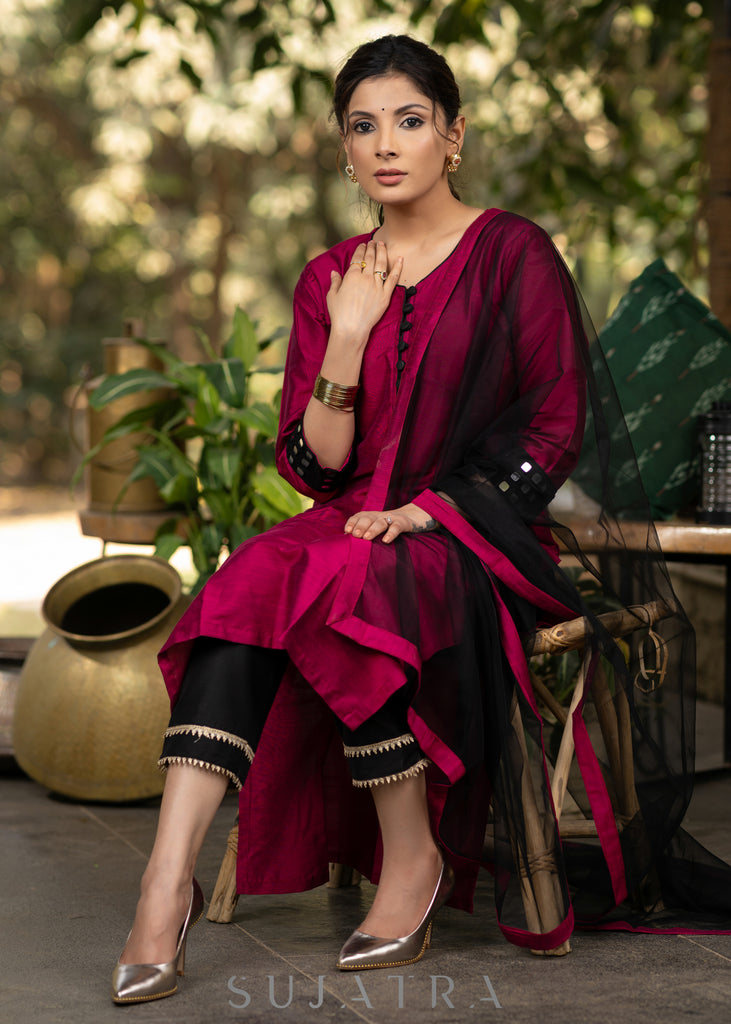Magenta Cotton Silk Hand mirror work Kurta and Pant - Black Net Dupatta optional