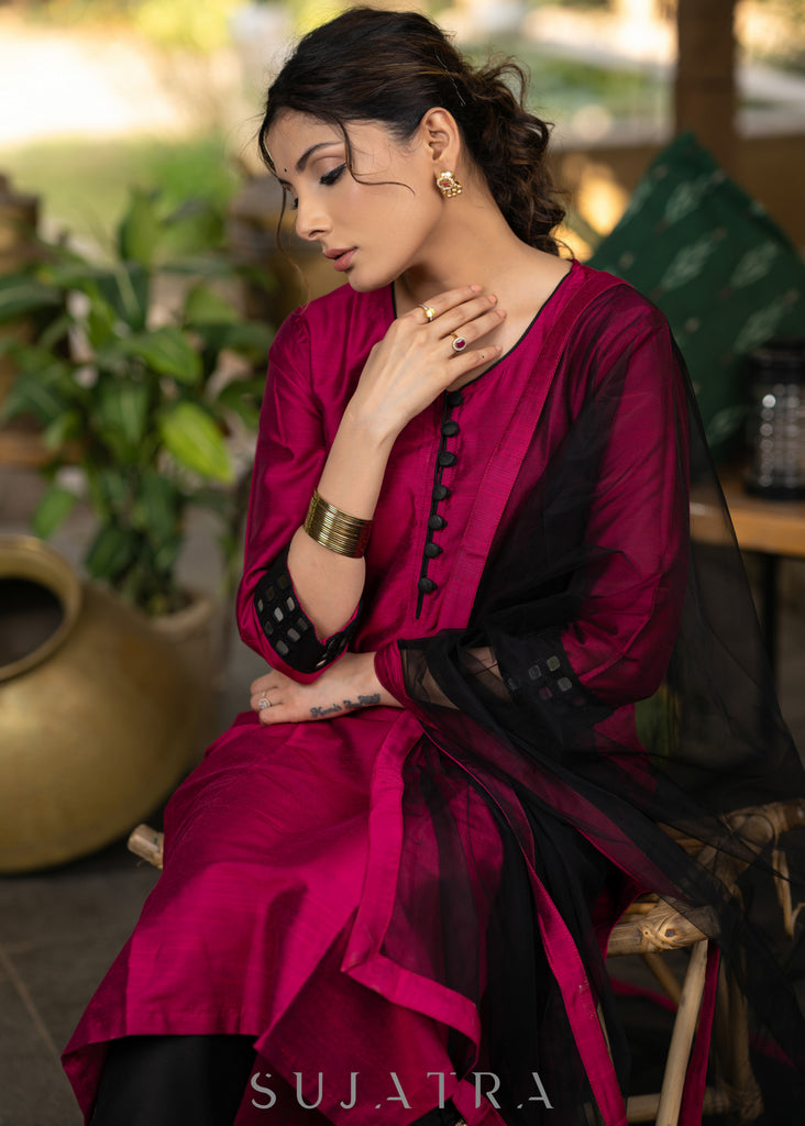 Magenta Cotton Silk Hand mirror work Kurta and Pant - Black Net Dupatta optional