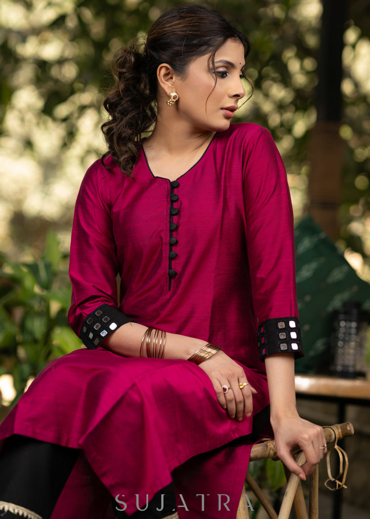 Magenta Cotton Silk Hand mirror work Kurta and Pant - Black Net Dupatta optional