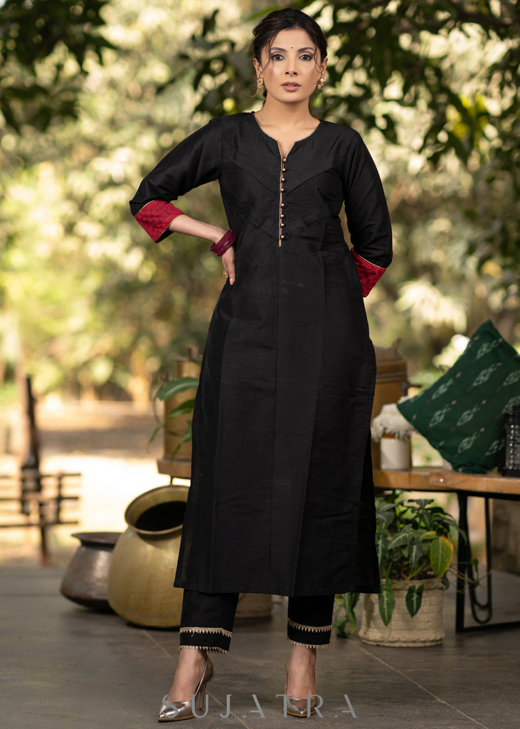 Black Cotton silk front pleated kurta and Chikankari Dupatta - Pant optional