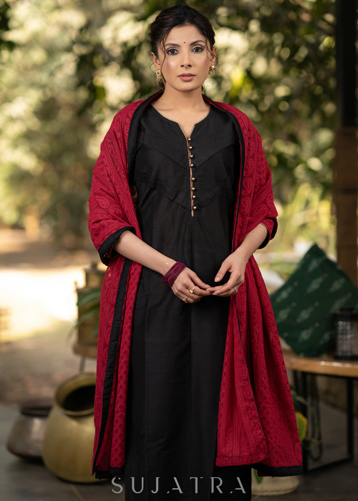 Black Cotton silk front pleated kurta and Chikankari Dupatta - Pant optional